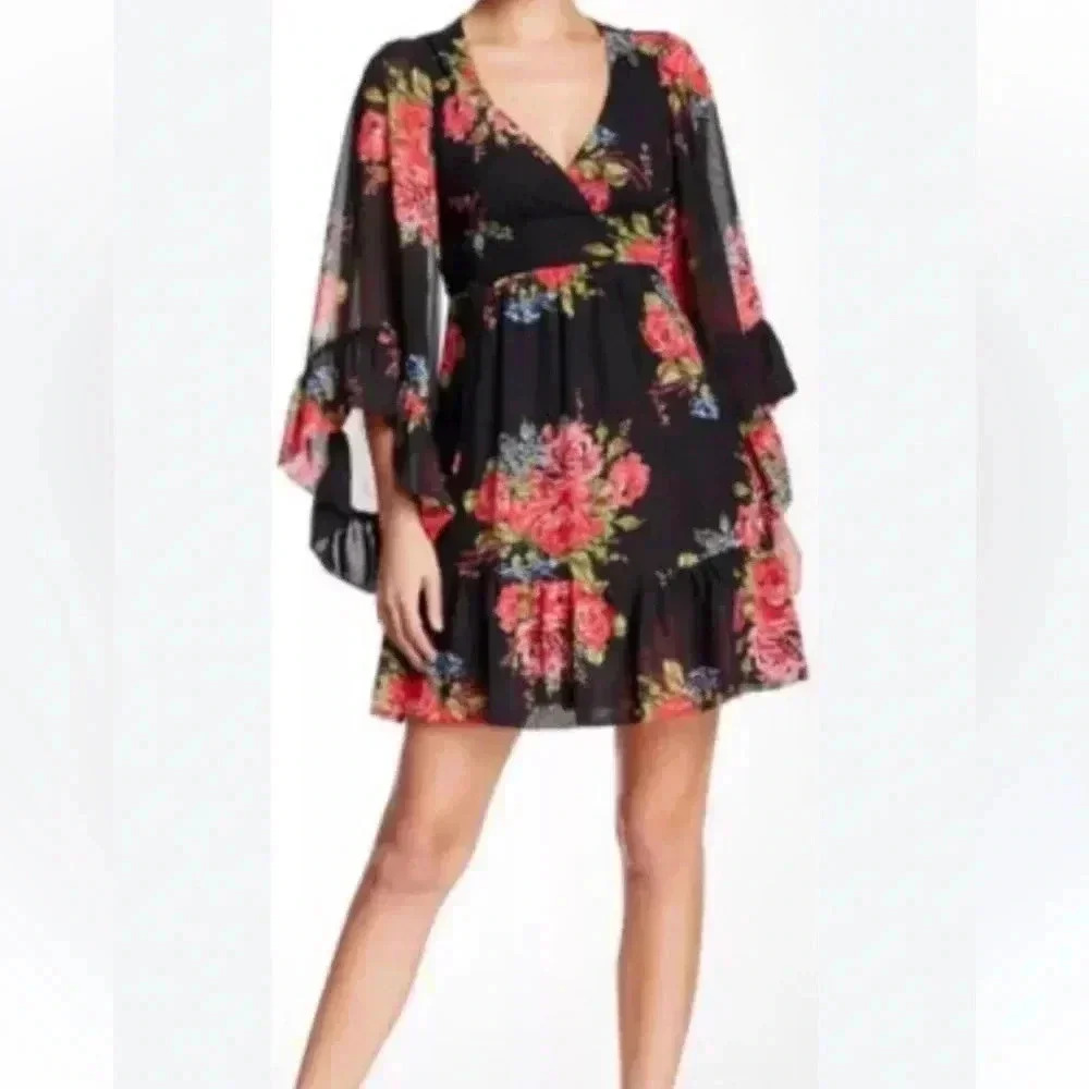 Betsy Johnson Bambi Black Floral Bell Sleeve Ruffle Dress Size 8